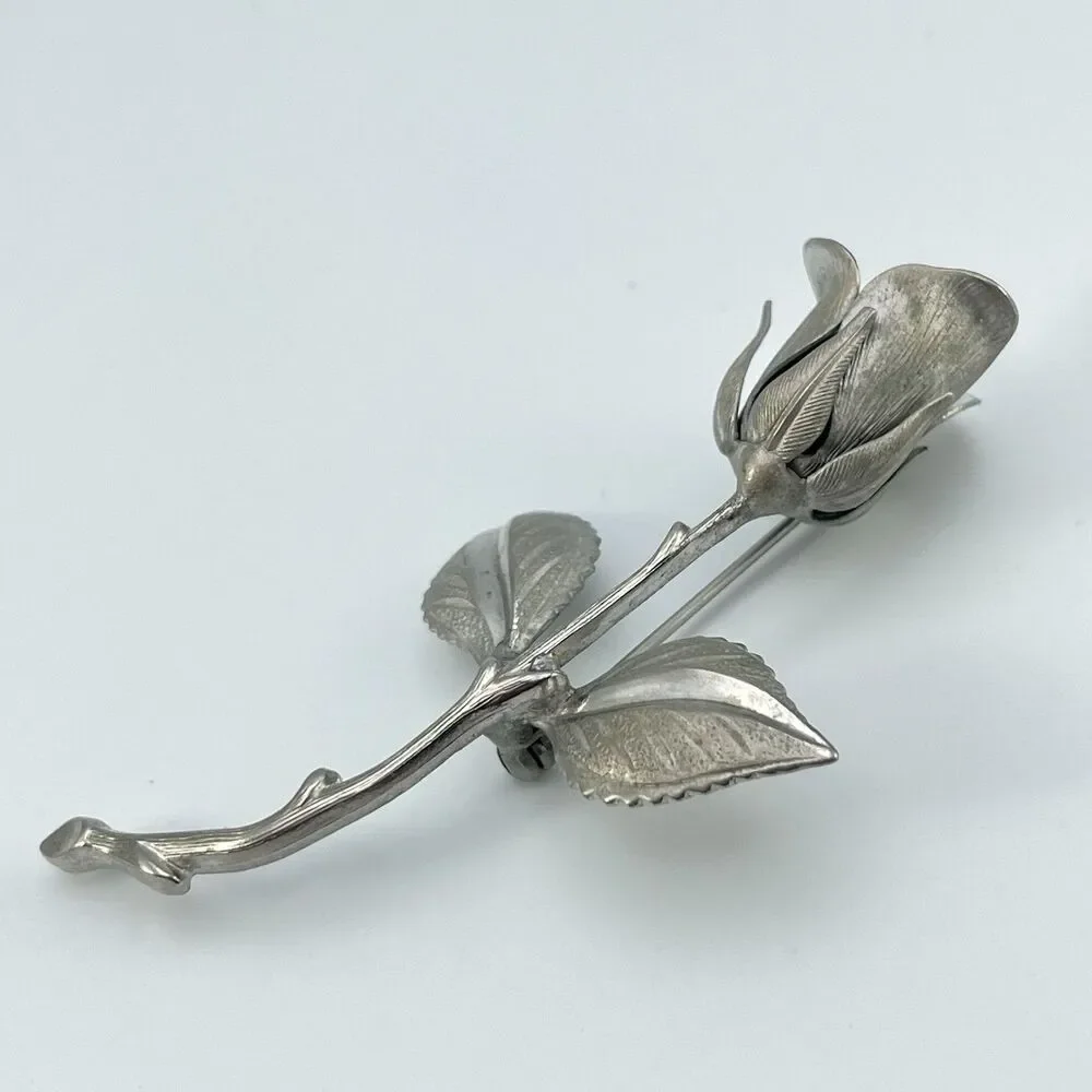 Vintage Silver Tone Budding Rose Brooch Flower Brushed Classic Signed 2.75